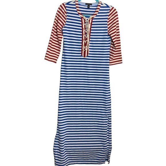 J Crew Nautical Baltic‎ Maxi Midi Dress Patriotic Lace Up Front Red Blue XS NICE - Picture 1 of 6